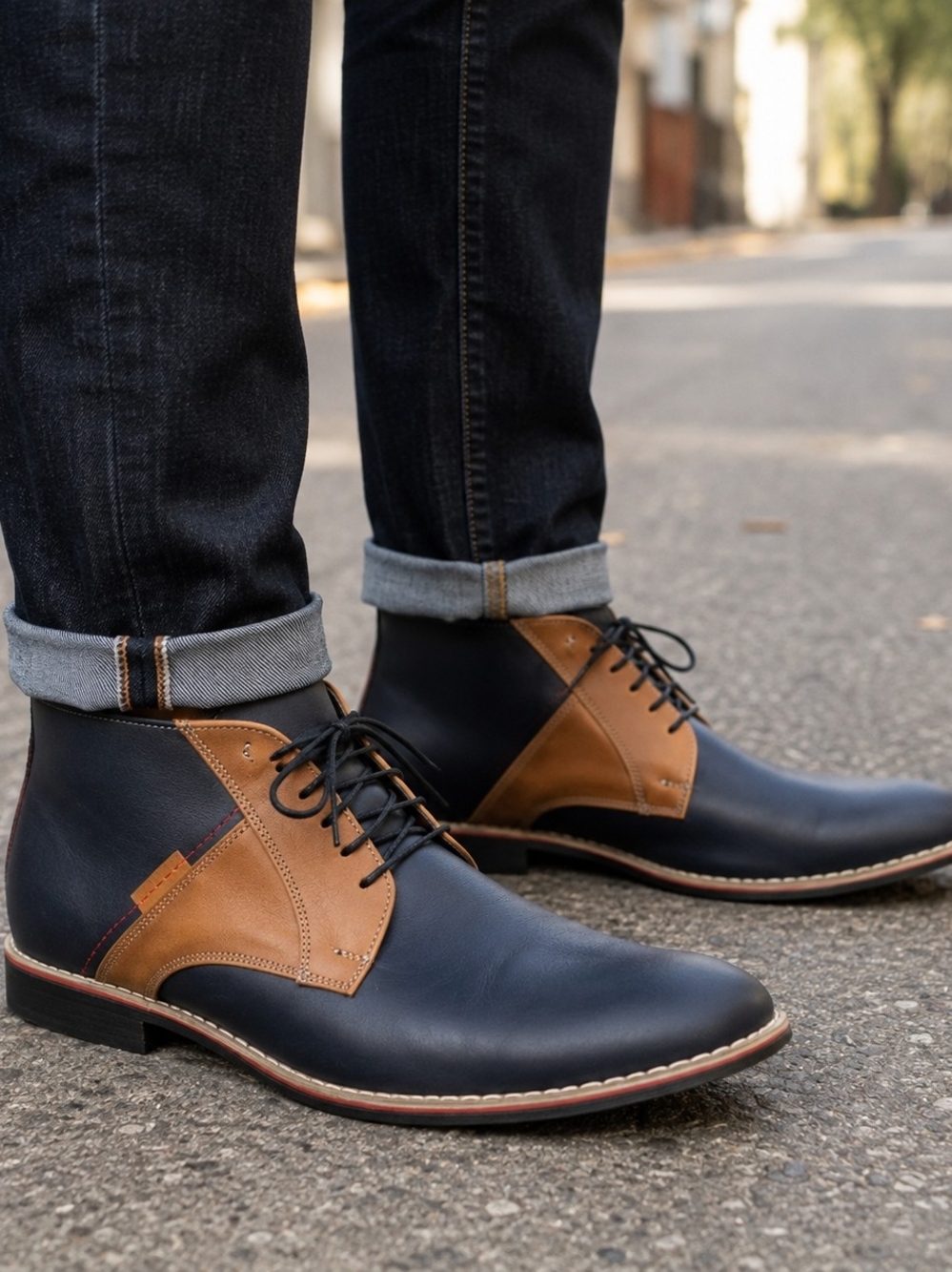 Men's Two-Tone Navy and Tan Leather Chukka Boots